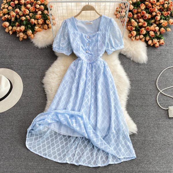 French square neck dress women summer new style European goods temperament waist puff sleeve mid-length skirt short sleeves - Image 3