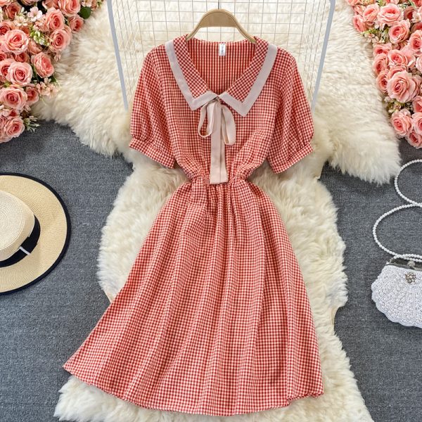 Sweet College Style Small First Love Skirt Summer New Bow French Plaid Doll Collar Dress