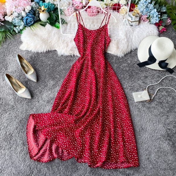 Wine red strap dress wave point beach dress backless cultivate one's morality super fairy posed dress seaside resort