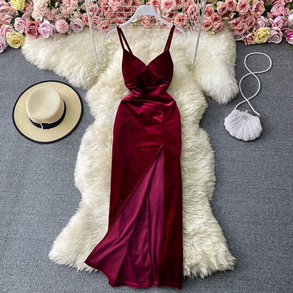 Retro velvet strap strapless dress v-neck with cultivate one's morality show thin trying to split the dress skirt - Image 2
