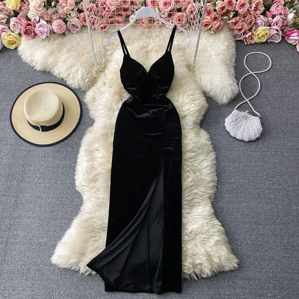 Retro velvet strap strapless dress v-neck with cultivate one's morality show thin trying to split the dress skirt - Image 4