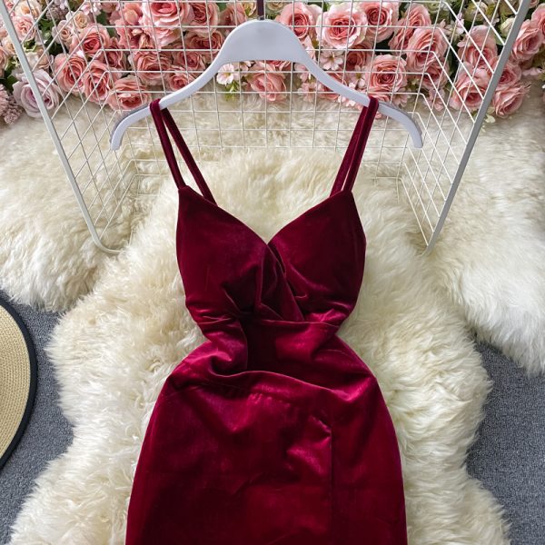Retro velvet strap strapless dress v-neck with cultivate one's morality show thin trying to split the dress skirt - Image 5