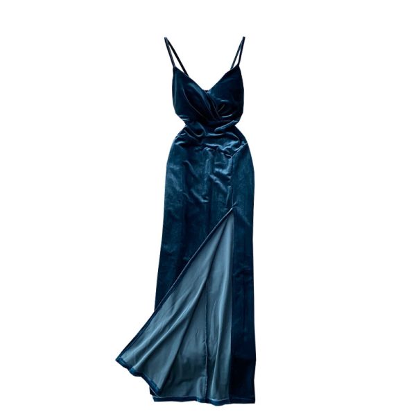 Retro velvet strap strapless dress v-neck with cultivate one's morality show thin trying to split the dress skirt - Image 6