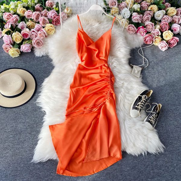 Fashion v-neck backless accept draw string waist side split fold satin strap dress show thin dress dress skirt of summer - Image 2