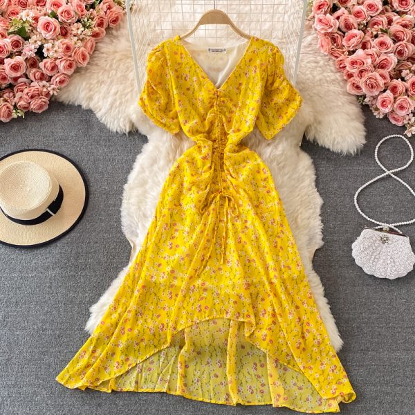 Women's V-neck Pleated Slim-Fit Waist-Tight Chiffon Dress, Fashionable, Small, Clear and Loose, Floral Skirt - Image 2