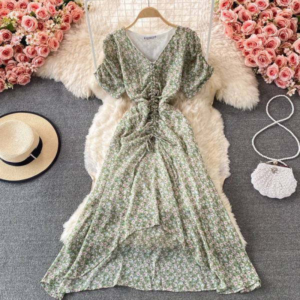 Women's V-neck Pleated Slim-Fit Waist-Tight Chiffon Dress, Fashionable, Small, Clear and Loose, Floral Skirt - Image 4
