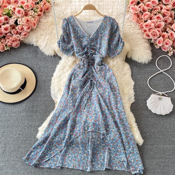 Women's V-neck Pleated Slim-Fit Waist-Tight Chiffon Dress, Fashionable, Small, Clear and Loose, Floral Skirt - Image 5