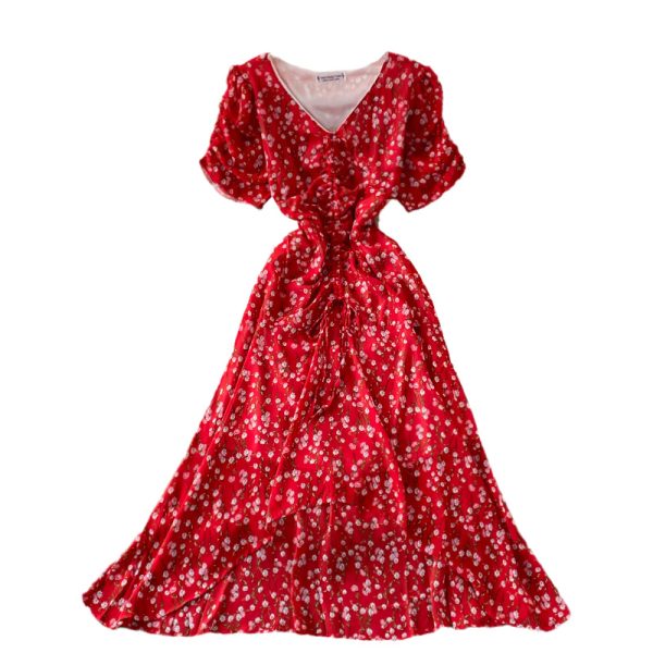 Women's V-neck Pleated Slim-Fit Waist-Tight Chiffon Dress, Fashionable, Small, Clear and Loose, Floral Skirt - Image 6