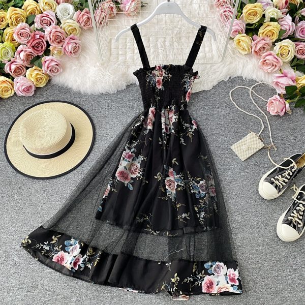 The new French girl temperament show thin gauze dress dress of a word shoulder straps that wipe a bosom - Image 3