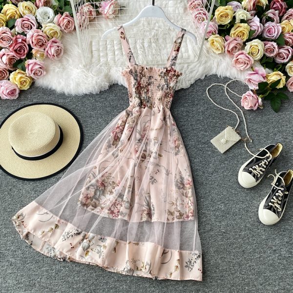 The new French girl temperament show thin gauze dress dress of a word shoulder straps that wipe a bosom - Image 5
