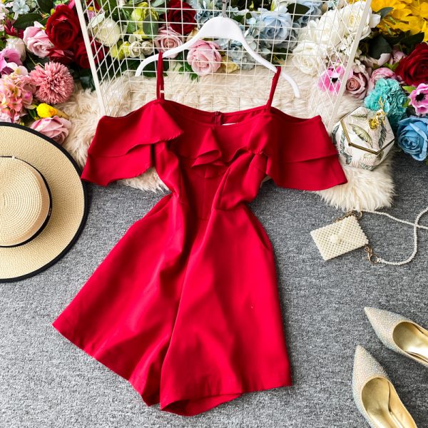 Off-the-Shoulder Strap Jumpsuit Summer New Super Fairy Ruffled off-the-Neck Wide-Leg Shorts Jumpsuit Women's Clothing - Image 3