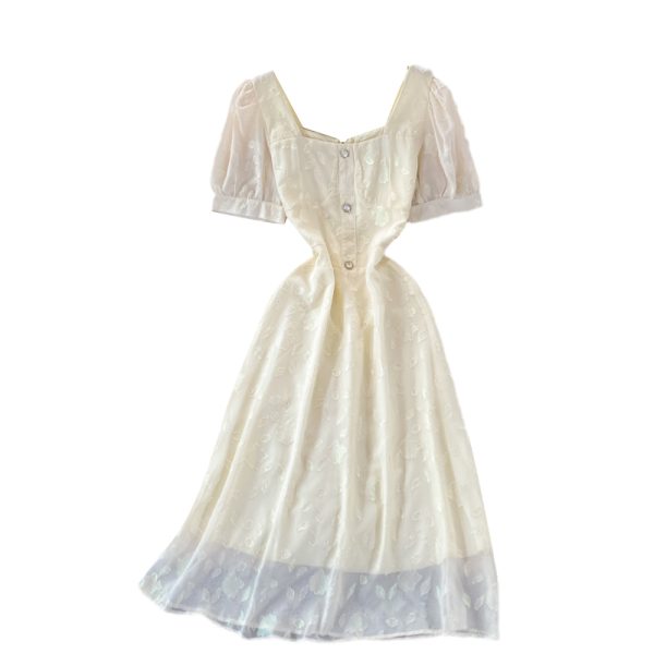 Summer New French Style Gentle Square Collar Dress Short Sleeve Slimming Slim Fit below the Knee White First Love Dress - Image 6
