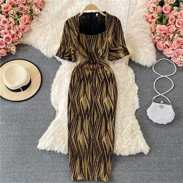 Fashion Ladies' Evening Dress Summer New Temperament Square Collar Bright Silk Slim Fit Slimming Slit Sheath Dress - Image 2