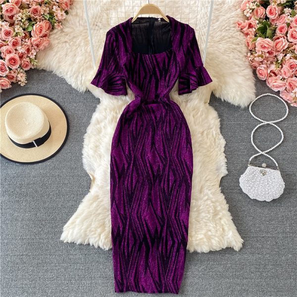 Fashion Ladies' Evening Dress Summer New Temperament Square Collar Bright Silk Slim Fit Slimming Slit Sheath Dress - Image 3