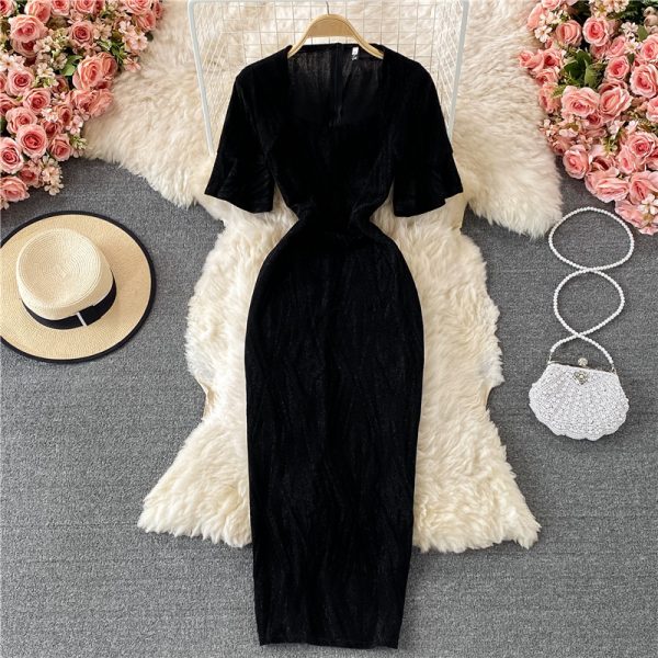 Fashion Ladies' Evening Dress Summer New Temperament Square Collar Bright Silk Slim Fit Slimming Slit Sheath Dress - Image 5