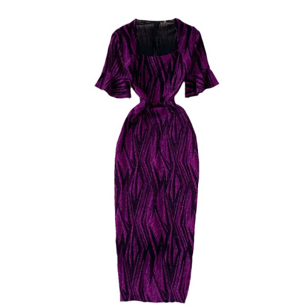 Fashion Ladies' Evening Dress Summer New Temperament Square Collar Bright Silk Slim Fit Slimming Slit Sheath Dress - Image 6