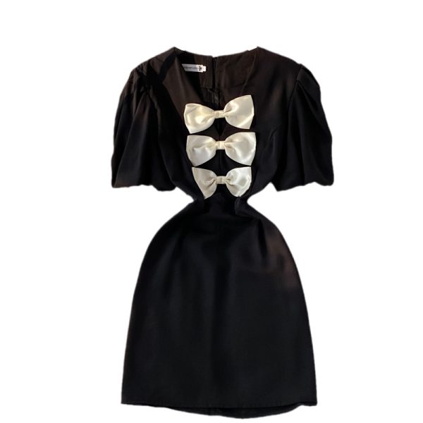 Summer New Retro Small Waist-Tight Slimming V-Neckline Three-Dimensional Bow Decoration Puff Sleeve Dress - Image 6