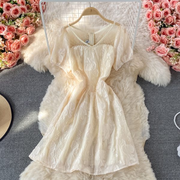 Evening Dress Summer Korean New Elegant Graceful Slim Fit Slimming Beaded V-neck Jacquard Dress Short Sleeve - Image 2