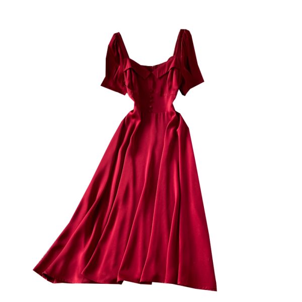 French Style Tight Waist Western Style Slimming Puff Sleeve Square Collar Dress New Summer Solid Color Wide Hem Long Dress - Image 6