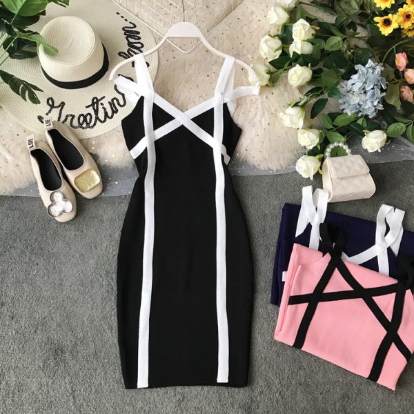 In the summer of the new package buttocks needle knitting skirt with shoulder-straps v-neck cultivate one's morality - Image 2