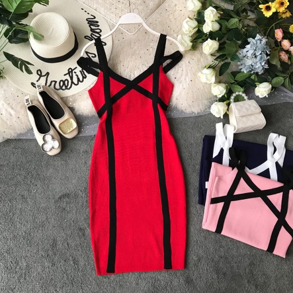 In the summer of the new package buttocks needle knitting skirt with shoulder-straps v-neck cultivate one's morality - Image 3