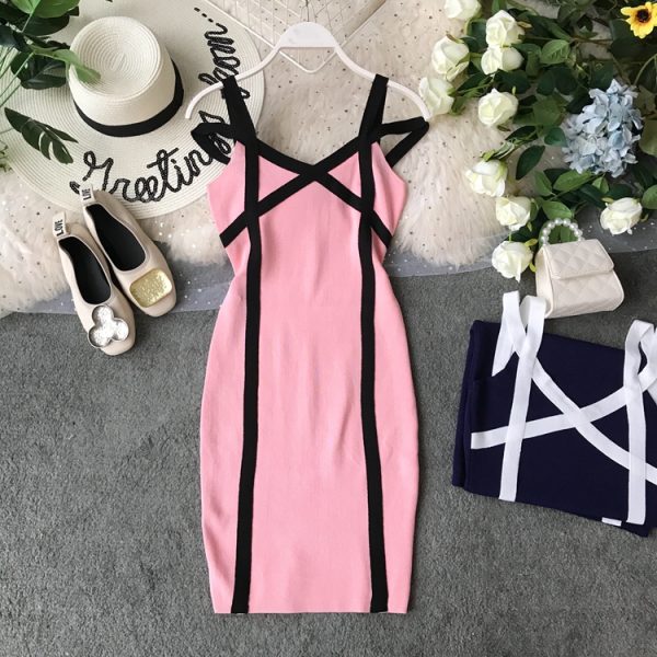In the summer of the new package buttocks needle knitting skirt with shoulder-straps v-neck cultivate one's morality - Image 4