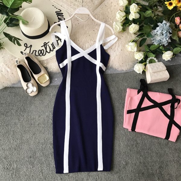 In the summer of the new package buttocks needle knitting skirt with shoulder-straps v-neck cultivate one's morality - Image 5