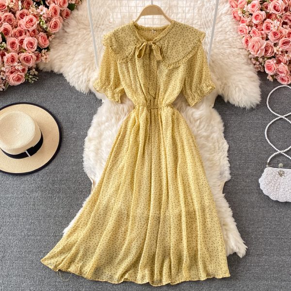 French Retro Sweet Floral Chiffon Dress Short Sleeve Summer New Waist Slimming Large Hem Long Dress - Image 2