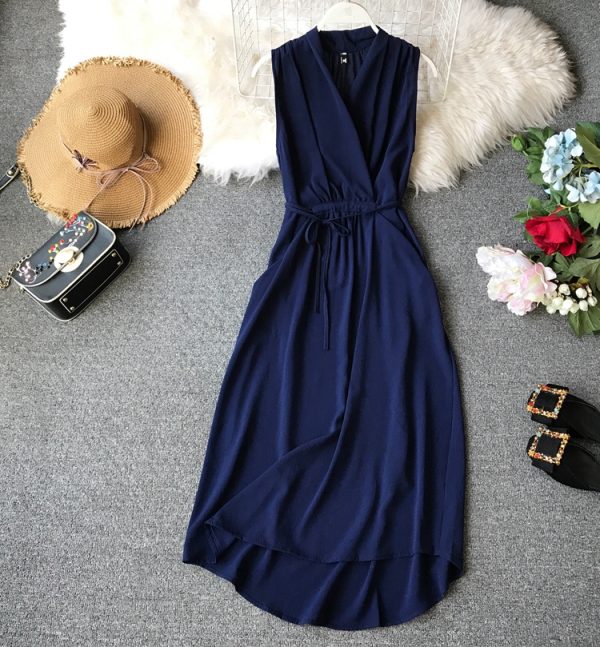 Women's Sleeveless Dress Summer New Korean Style Slimming Chiffon Mid-Length Slim Temperament V-neck Solid Color Simple - Image 2