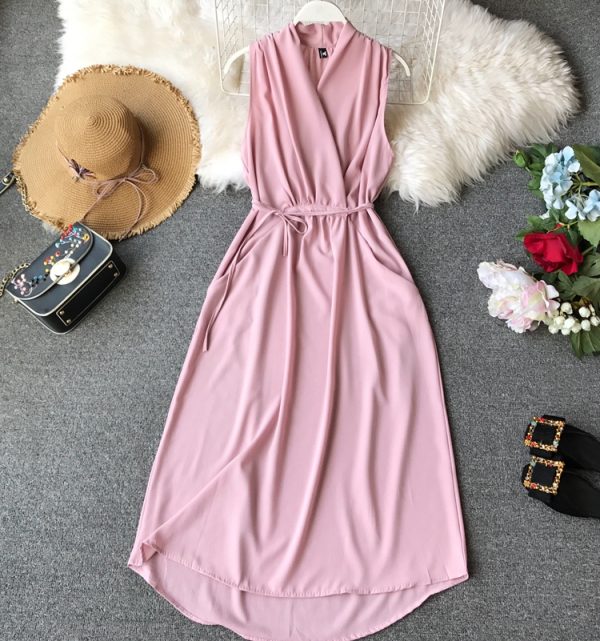 Women's Sleeveless Dress Summer New Korean Style Slimming Chiffon Mid-Length Slim Temperament V-neck Solid Color Simple - Image 3