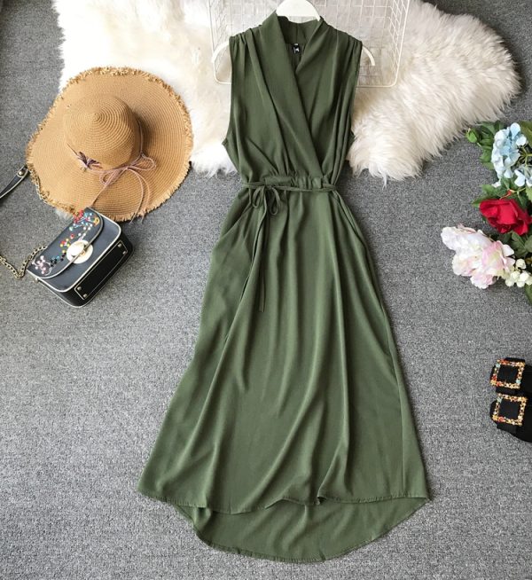 Women's Sleeveless Dress Summer New Korean Style Slimming Chiffon Mid-Length Slim Temperament V-neck Solid Color Simple - Image 4