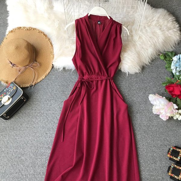 Women's Sleeveless Dress Summer New Korean Style Slimming Chiffon Mid-Length Slim Temperament V-neck Solid Color Simple - Image 5