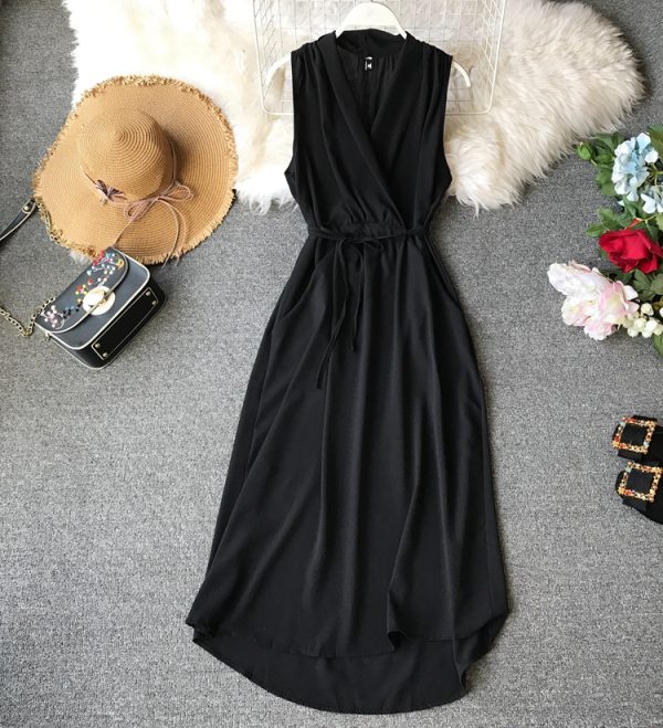 Women's Sleeveless Dress Summer New Korean Style Slimming Chiffon Mid-Length Slim Temperament V-neck Solid Color Simple - Image 6