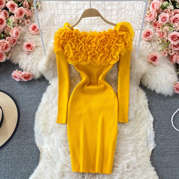 Three-Dimensional Flower off-Shoulder Long Sleeve Bottoming Sweater Hip Skirt Autumn and Winter Tight Stretch Knitted Dress