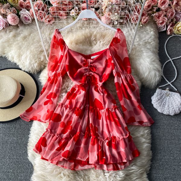 Spring and autumn style Mori drawstring pleated chiffon floral dress fashion temperament V-neck low-cut sexy A-line short skirt - Image 2