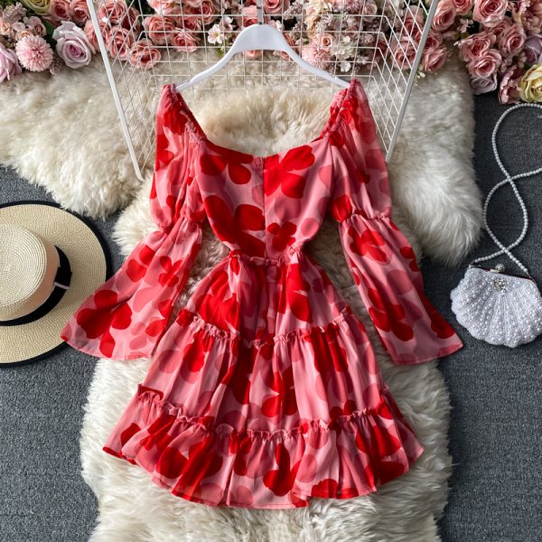 Spring and autumn style Mori drawstring pleated chiffon floral dress fashion temperament V-neck low-cut sexy A-line short skirt - Image 3