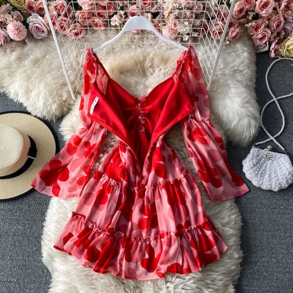 Spring and autumn style Mori drawstring pleated chiffon floral dress fashion temperament V-neck low-cut sexy A-line short skirt - Image 4