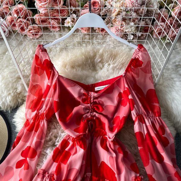 Spring and autumn style Mori drawstring pleated chiffon floral dress fashion temperament V-neck low-cut sexy A-line short skirt - Image 5