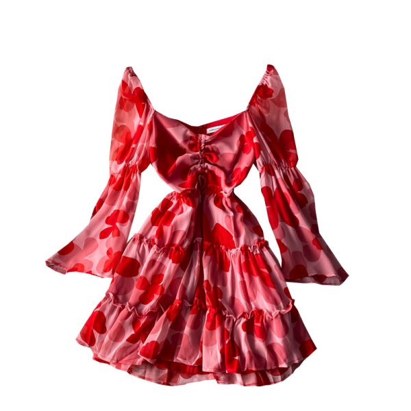 Spring and autumn style Mori drawstring pleated chiffon floral dress fashion temperament V-neck low-cut sexy A-line short skirt - Image 6