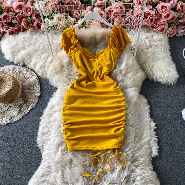 Tall waist square collar dress summer brim draw string cultivate one's morality show thin package buttocks short skirts - Image 2