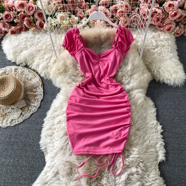 Tall waist square collar dress summer brim draw string cultivate one's morality show thin package buttocks short skirts - Image 3