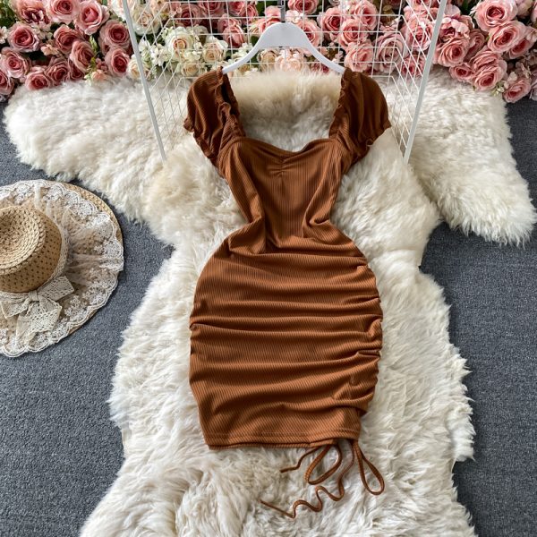 Tall waist square collar dress summer brim draw string cultivate one's morality show thin package buttocks short skirts - Image 4