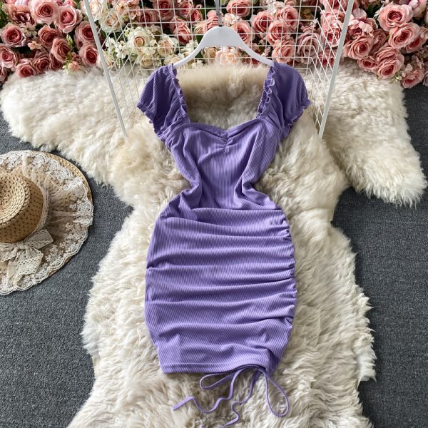 Tall waist square collar dress summer brim draw string cultivate one's morality show thin package buttocks short skirts - Image 5