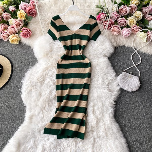 Women's V-neck Slit Knitted Dress Korean-Style Chic Striped Waist-Tight Slim and Sexy Bottoming Hip Skirt One-Step Dress - Image 2