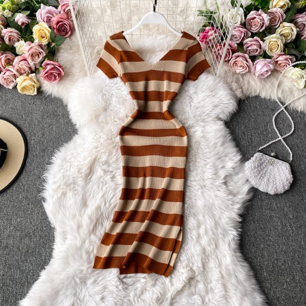 Women's V-neck Slit Knitted Dress Korean-Style Chic Striped Waist-Tight Slim and Sexy Bottoming Hip Skirt One-Step Dress - Image 3