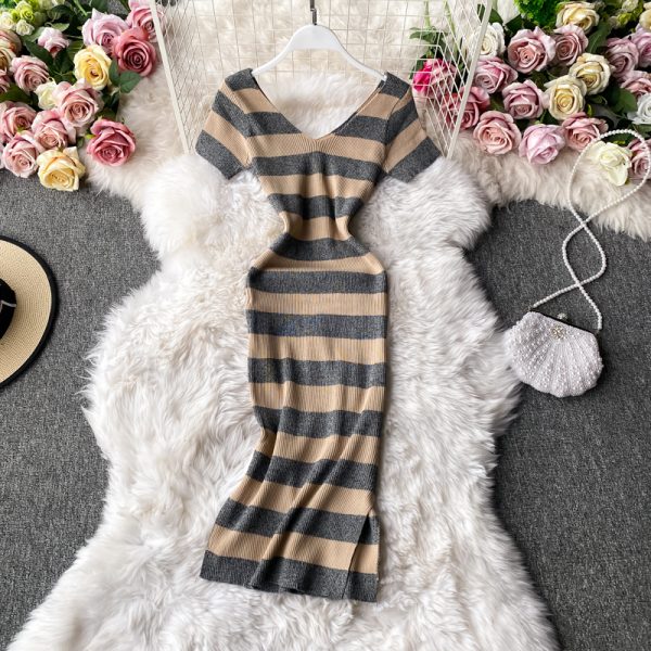Women's V-neck Slit Knitted Dress Korean-Style Chic Striped Waist-Tight Slim and Sexy Bottoming Hip Skirt One-Step Dress - Image 4