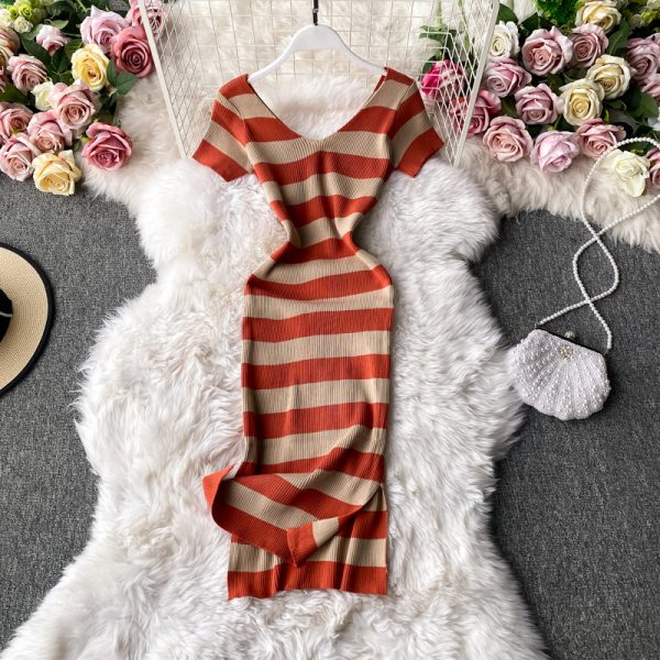 Women's V-neck Slit Knitted Dress Korean-Style Chic Striped Waist-Tight Slim and Sexy Bottoming Hip Skirt One-Step Dress - Image 5