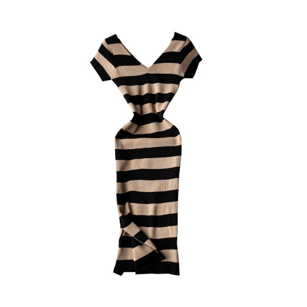 Women's V-neck Slit Knitted Dress Korean-Style Chic Striped Waist-Tight Slim and Sexy Bottoming Hip Skirt One-Step Dress - Image 6