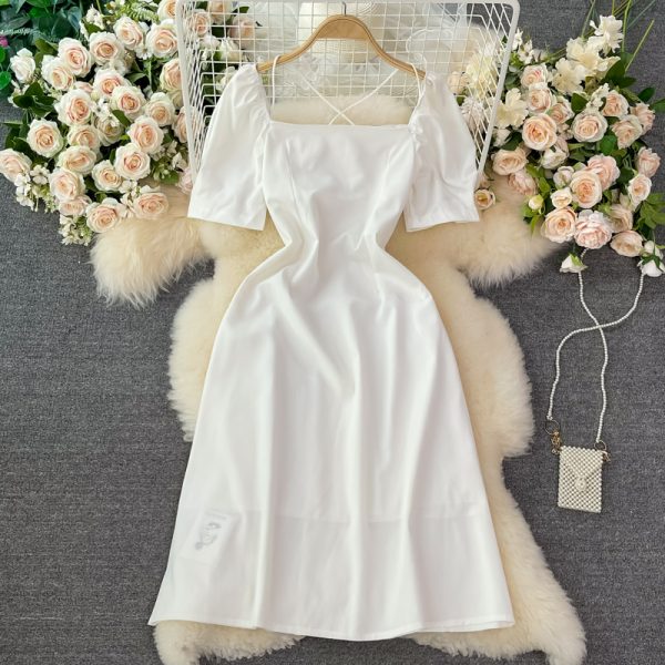 First Love Bubble Sleeve Square Collar White Chiffon Dress New Women's Summer French Gentle Sweet Super Fairy Dress