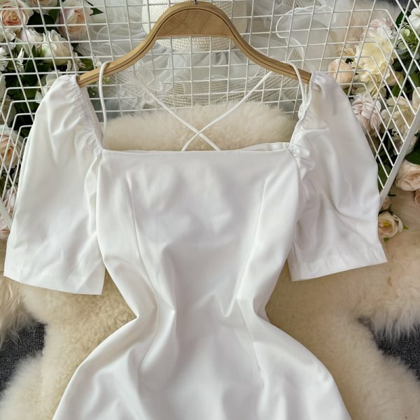 First Love Bubble Sleeve Square Collar White Chiffon Dress New Women's Summer French Gentle Sweet Super Fairy Dress - Image 3